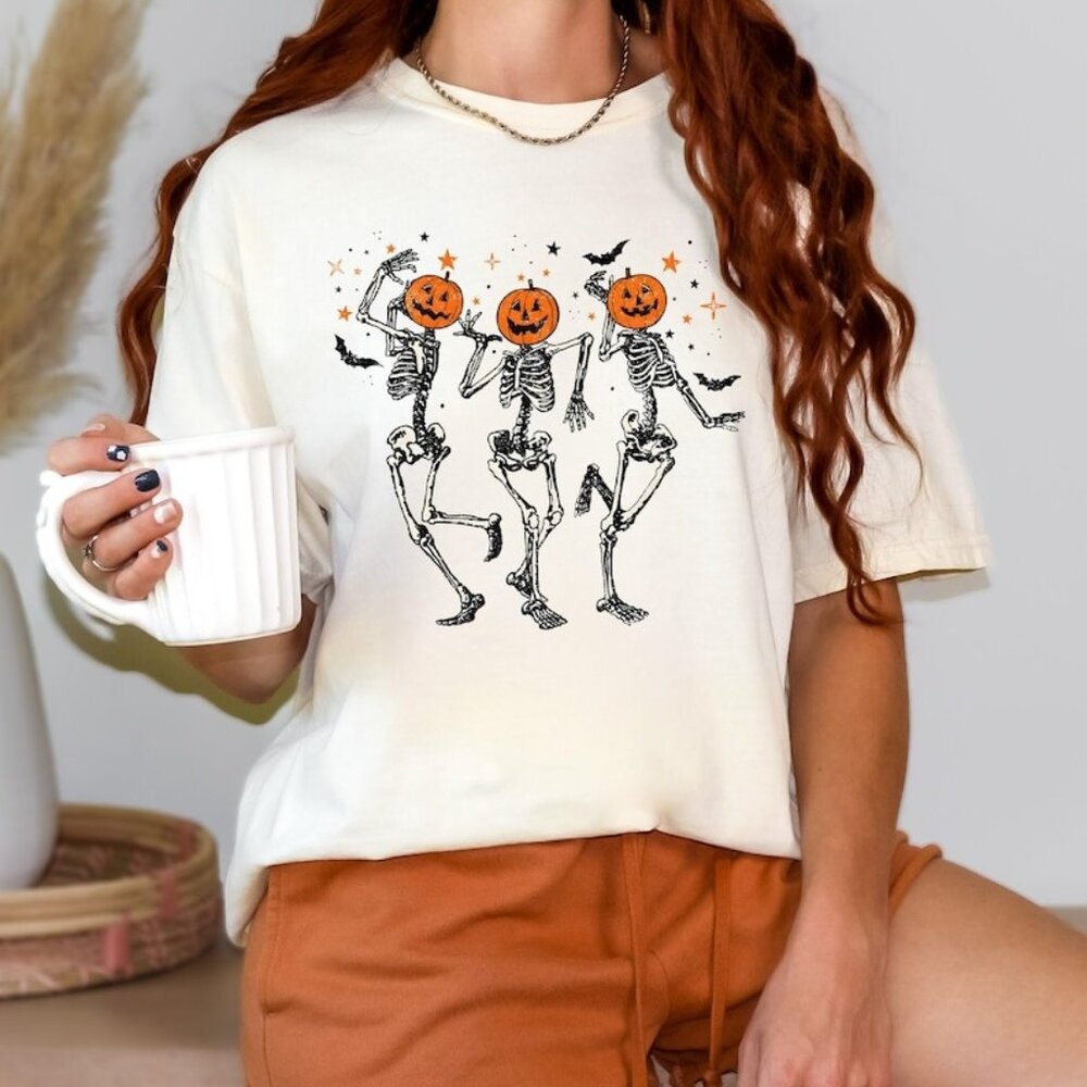 Dancing Skeleton Pumpkin Shirt, Retro Halloween Women_s Shirt, Funny Fall Hlw